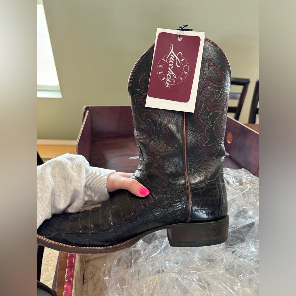 Lucchese Men's Black Cherry Ultra Crocodile Caiman Belly Tail Square Toe Boots